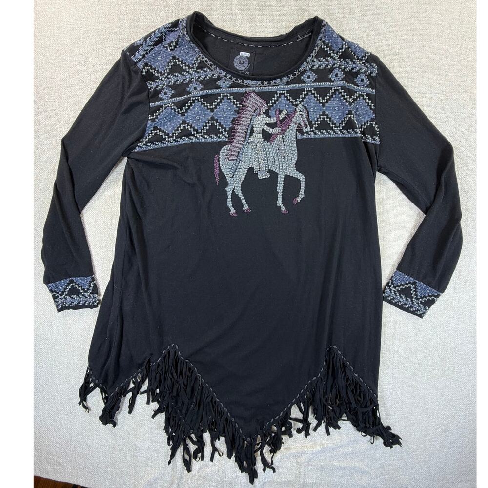 Double D Ranch Womens 2X Black Beaded Indian Print Western Long Sleeve Tunic Top